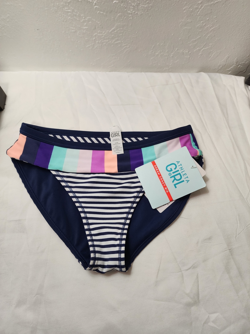 Athleta Navy Bikini Bottom with Multicolor Foldover Waistband Girls 12